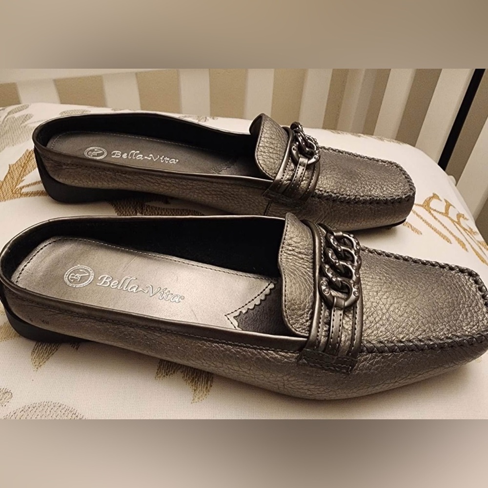 Bella Vita Bronze Square Toe Slip On Mules/ Loafers- size 10 wide leather
